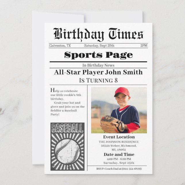 Invitación personal de cumpleaños de béisbol con f (Anverso)
