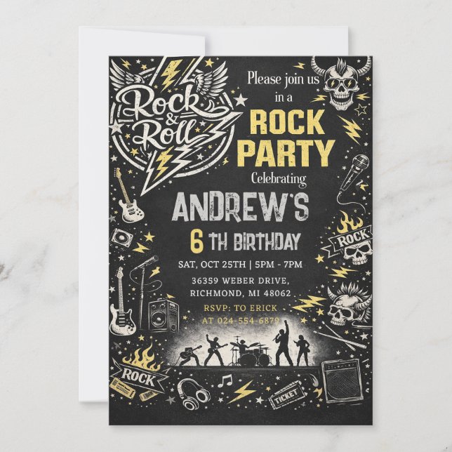 Invitación Personal de Cumpleaños de Rock and Roll (Anverso)