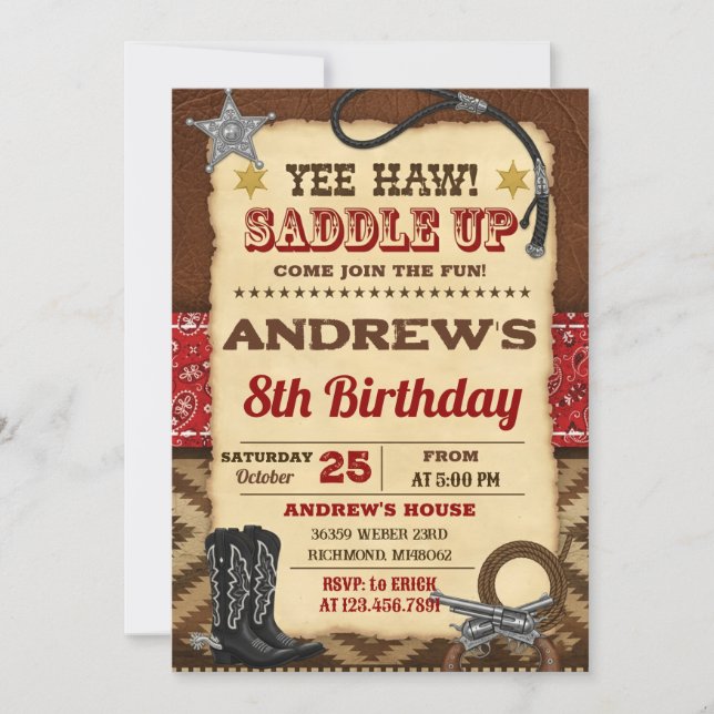 Invitación Personal Digital Country Wild West Cowboy Birthday (Anverso)