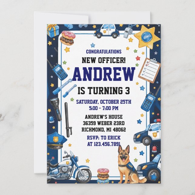 Invitación Personal Digital Police Officer Birthday Party (Anverso)