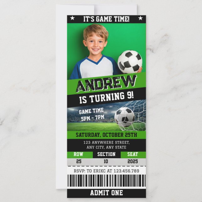 Invitación Personal Digital Soccer Ticket Birthday Invitation (Anverso)
