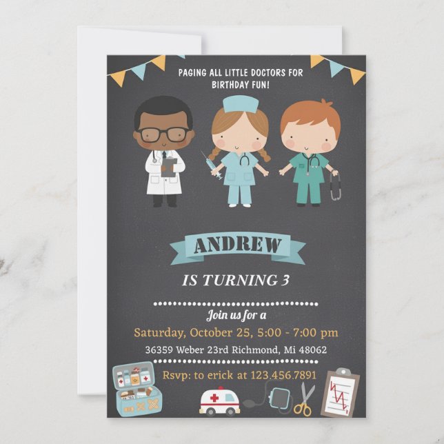 Invitación Personal Doctor Kids Medical Birthday Party  (Anverso)