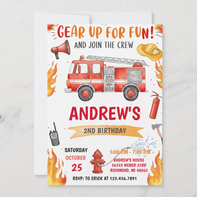 Invitación Personal FireFigher truck Birthday with image (Anverso)