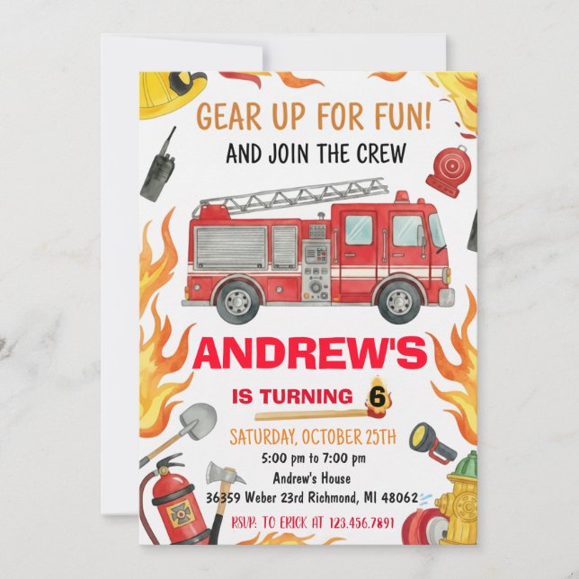 Invitación Personal Firetruck Birthday Party for Boys  (Anverso)