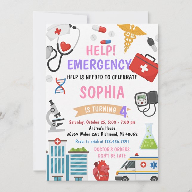 Invitación Personal Girl Nurse Doctor Pretend Birthday (Anverso)