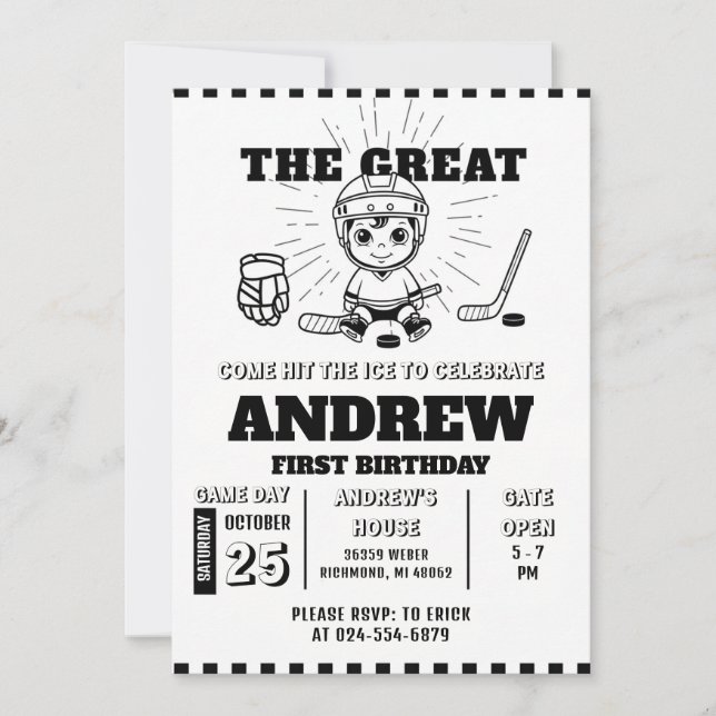 Invitación Personal Hockey Theme First Birthday Invitation (Anverso)