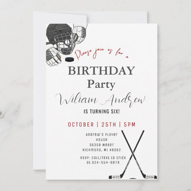 Invitación Personal Minimalistic Hockey Birthday Party (Anverso)