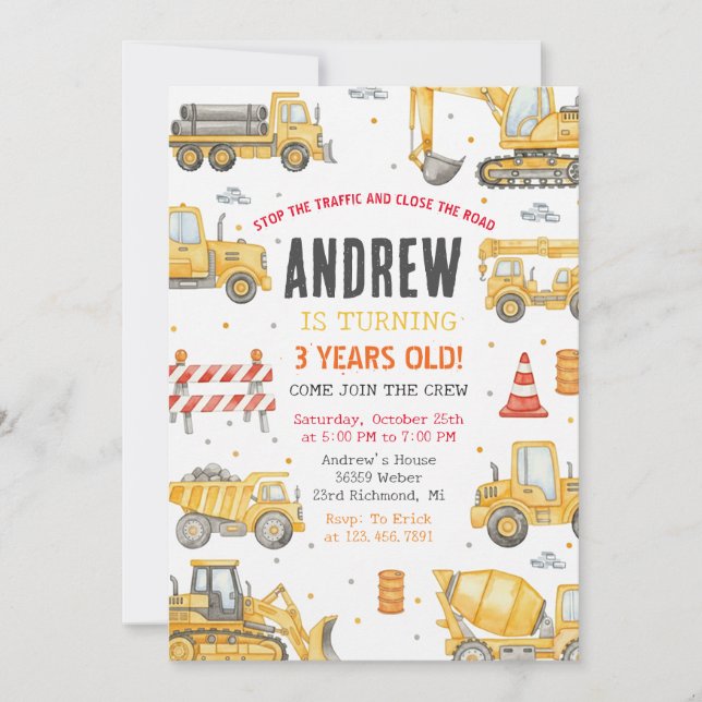 Invitación Personal Modern Birthday Party Construction  (Anverso)