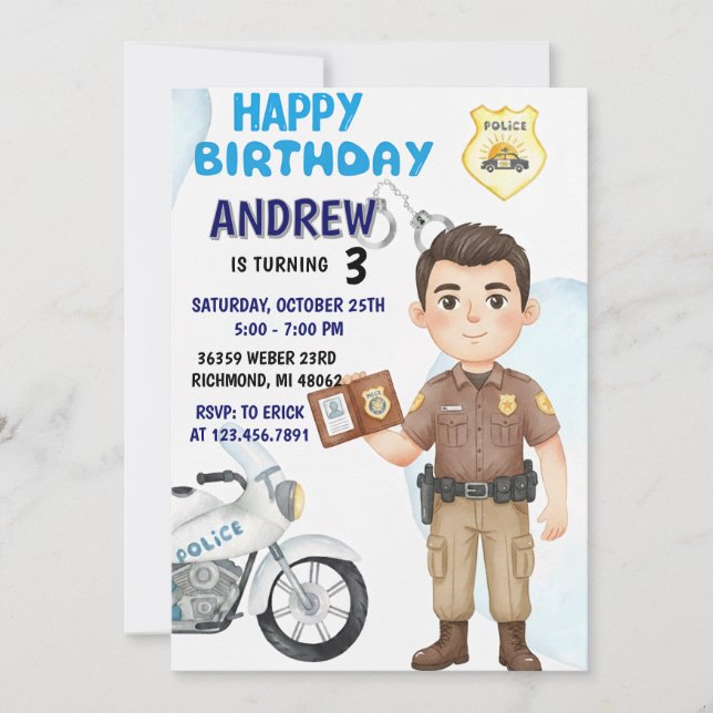 Invitación Personal Modern Cop Party birthday invitation (Anverso)