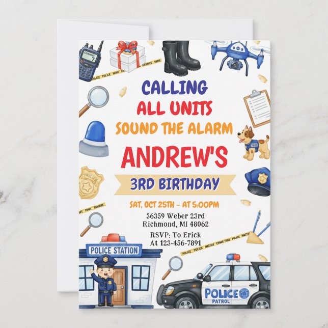 Invitación Personal Modern Cop Police Officer birthday (Anverso)