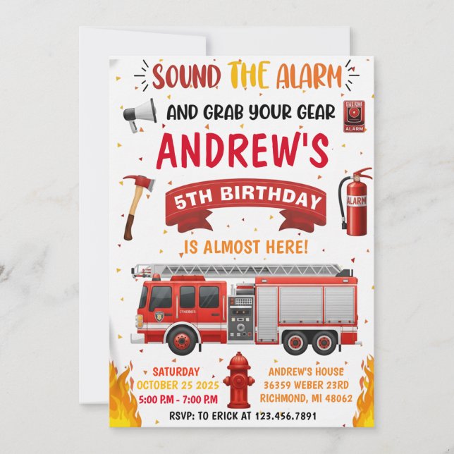 Invitación Personal Modern Firetruck Birthday  (Anverso)