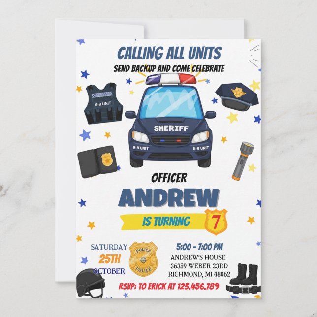 Invitación Personal Modern Kid Police officer Birthday Party (Anverso)