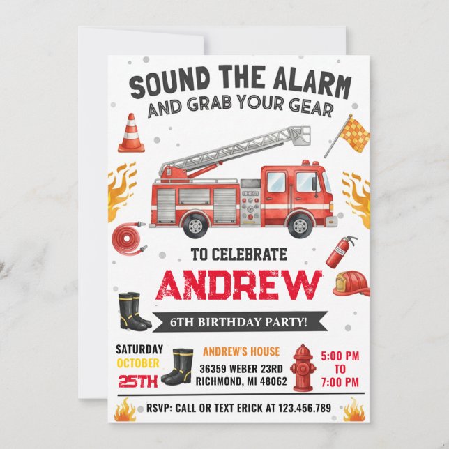 Invitación Personal Modern Kids' Fire truck Birthday Party  (Anverso)