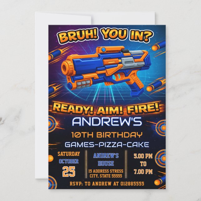 Invitación Personal modern Nerf Birthday Party Invitation (Anverso)