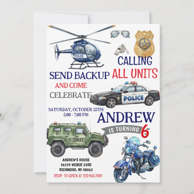 Invitación Personal Modern Police Policeman birthday for boy (Anverso)