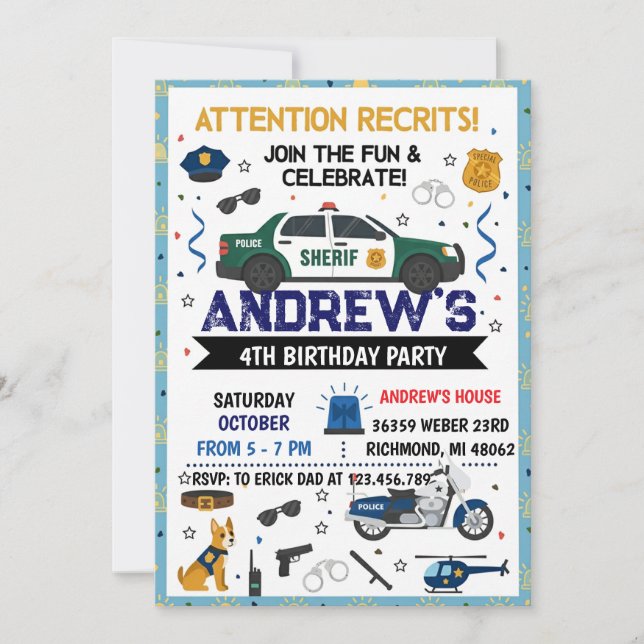 Invitación Personal Modern Sheriff Police Birthday party (Anverso)