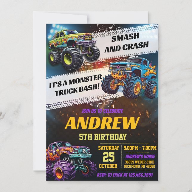 Invitación Personal Monster Truck Birthday party (Anverso)