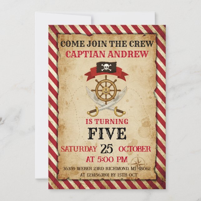 Invitación Personal Pirate Birthday Party Invitation Card (Anverso)