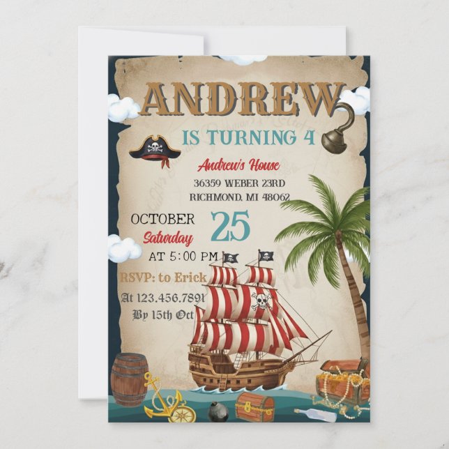Invitación Personal Pirate Birthday Party Invitation Card (Anverso)
