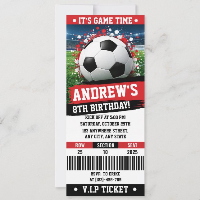 Invitación Personal Red theme Soccer Ticket Birthday (Anverso)