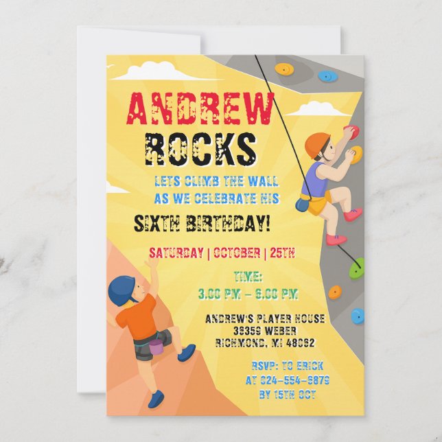 Invitación Personal Rock Climbing Birthday Invitation (Anverso)