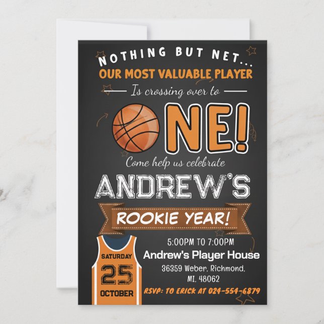 Invitación Personal Rookie Year First Birthday Basketball (Anverso)