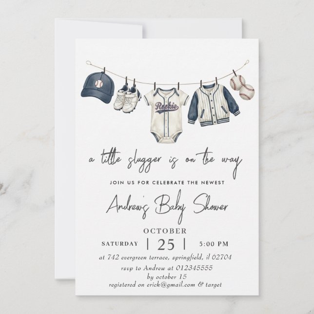 Invitación Personal Simple Baseball Baby Shower watercolor (Anverso)