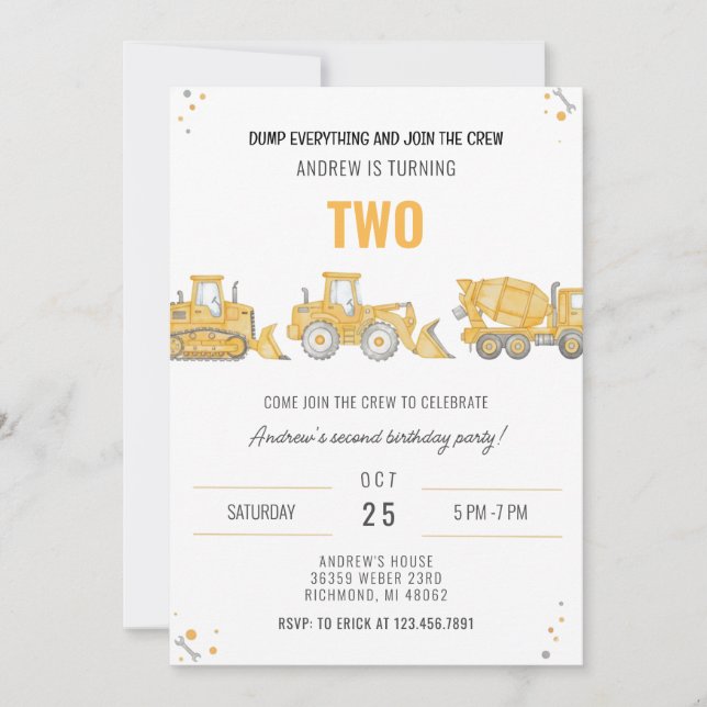 Invitación Personal Simple Construction Birthday Party Invita (Anverso)