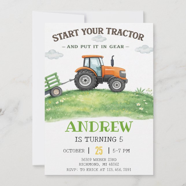 Invitación Personal simple Tractor Birthday (Anverso)