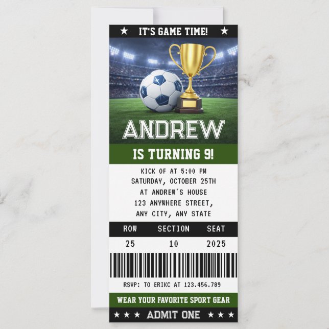 Invitación Personal Soccer Ticket Birthday Decorations Party (Anverso)