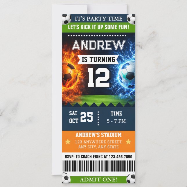 Invitación Personal Ticket Soccer Birthday Invitation for boy (Anverso)