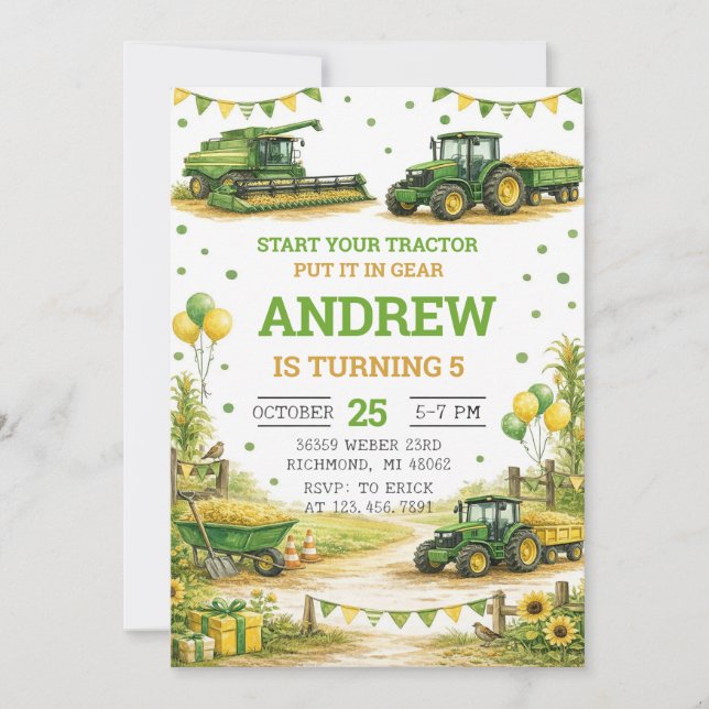 Invitación Personal Tractor Birthday (Anverso)
