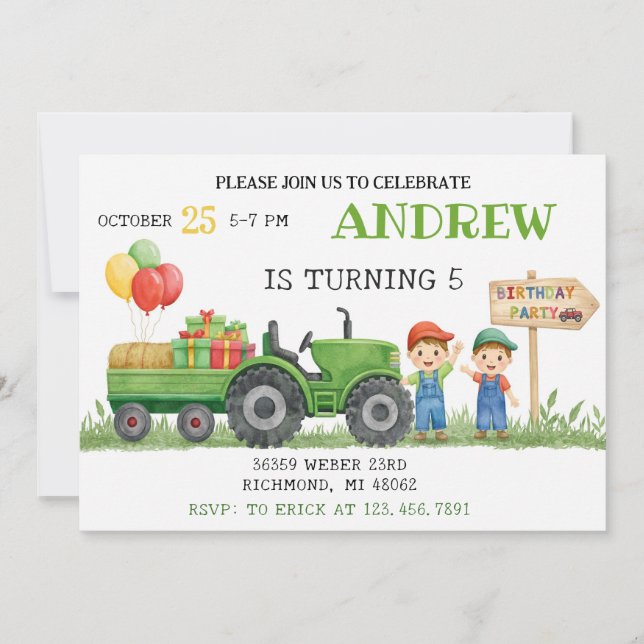 Invitación Personal Tractor Birthday (Anverso)