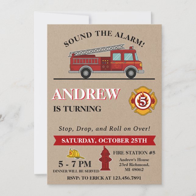 Invitación Personal Vintage Boys Firetruck Birthday Party (Anverso)
