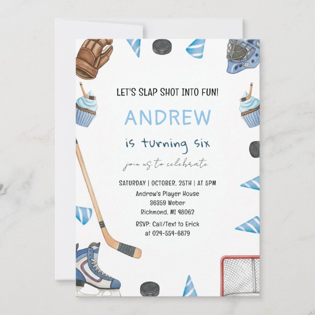 Invitación Personal Watercolor Hockey Birthday Party (Anverso)