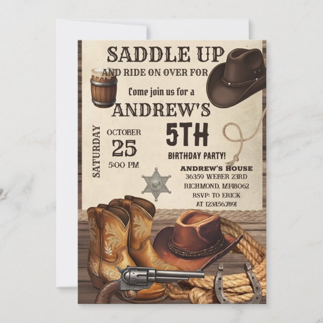 Invitación Personal Western Cowboy Birthday (Anverso)