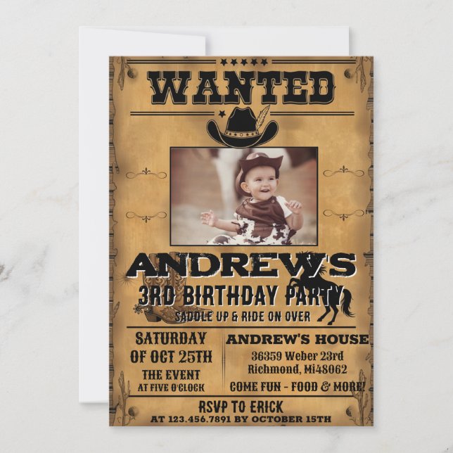 Invitación Personal Western Cowboy with Photo Birthday  (Anverso)