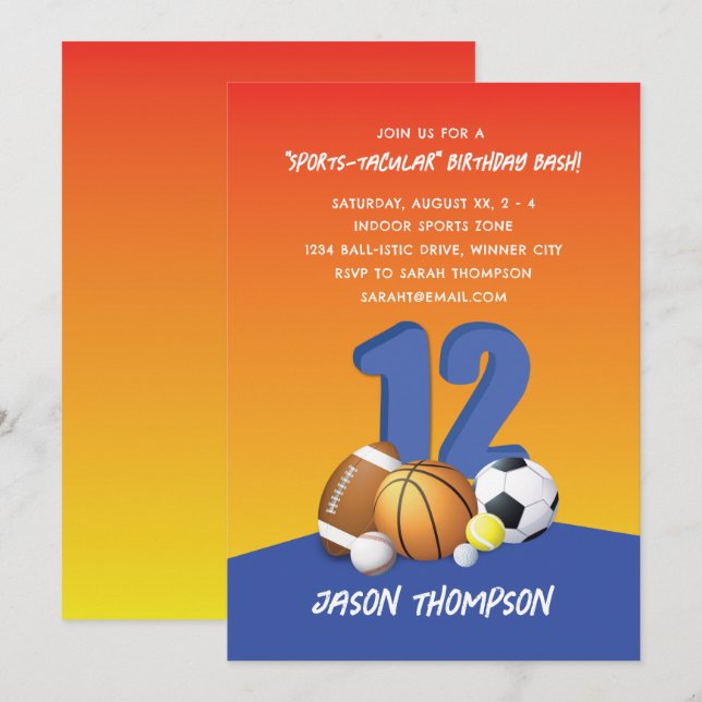 Invitación Personalice Boy 12th Birthday Fun Sports Balls (Anverso / Reverso)