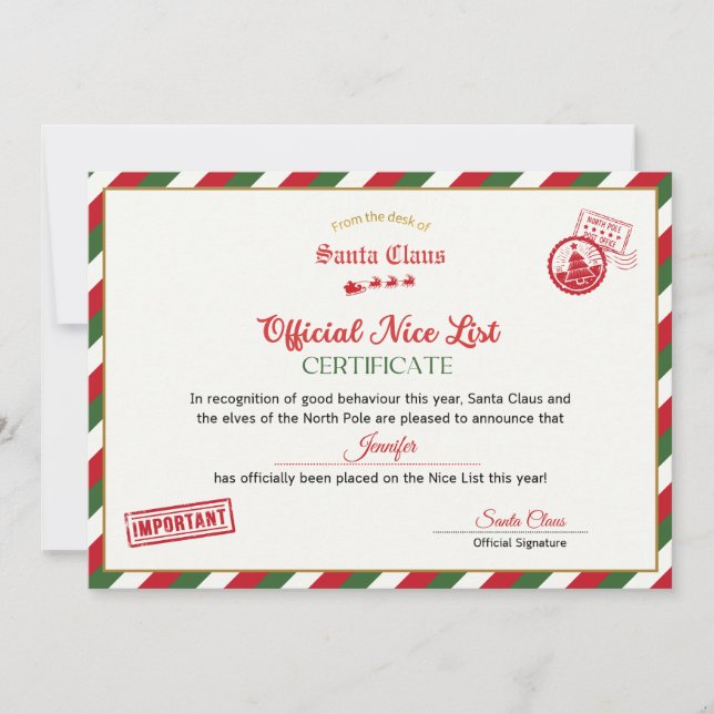 Invitación Personalised Official Nice List Certificate Santa (Anverso)