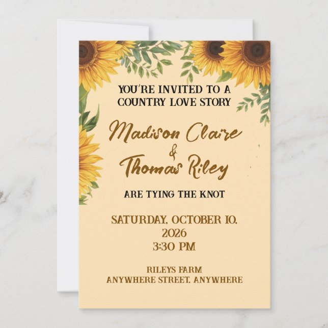 Invitación Personalised Sunflower Wedding Invitation | Rustic (Anverso)