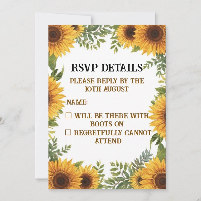 Invitación Personalised Sunflower Wedding RSVP Card | Rustic (Anverso)