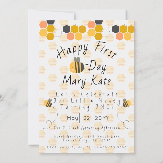Invitación Personaliza Abeja y Flores Cumpleaños Primero   (Anverso)