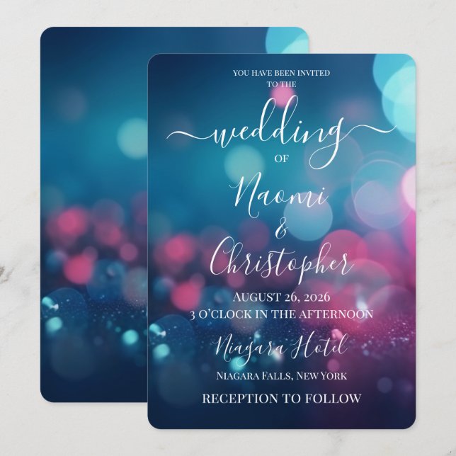 Invitación PERSONALIZA: Boda Bokeh Rosa Verde (Anverso / Reverso)