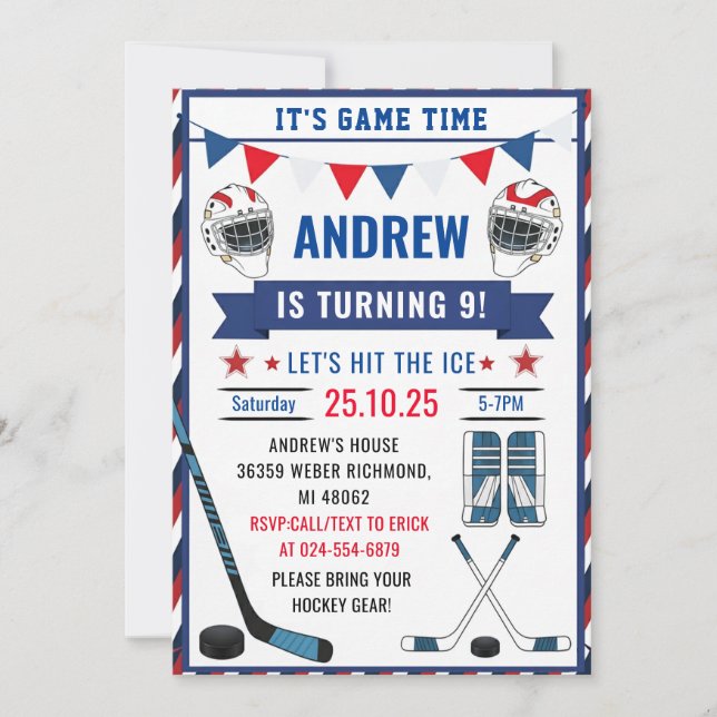 Invitación Personaliza Cumpleaños de Hockey sobre Hielo con F (Anverso)