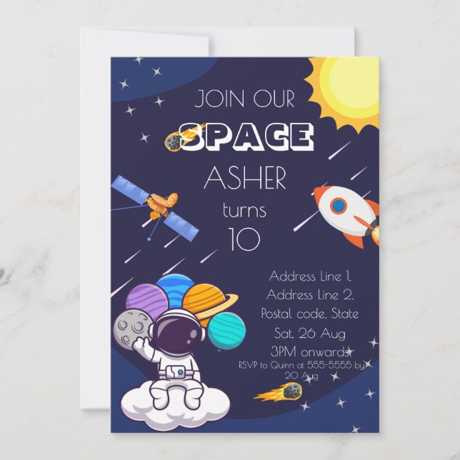 Invitación Personaliza Cumpleaños de Niño Astronauta Espacial (Anverso)