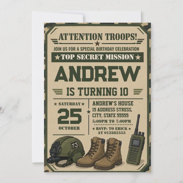 Invitación Personaliza el cumpleaños del ejército militar (Anverso)