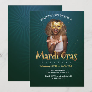 Invitación Personaliza Foto Máscara de Disfraz de Oro Mardi G