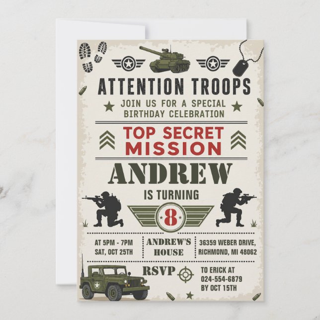Invitación Personaliza la fiesta de cumpleaños del ejército (Anverso)
