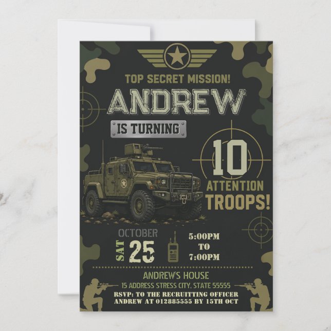 Invitación Personaliza la fiesta de cumpleaños del ejército (Anverso)