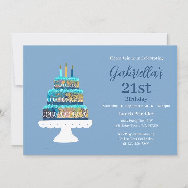 Invitación Personalizable 21 cumpleaños Pastel de capas azule (Anverso)